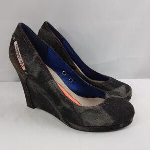 Diesel Pigalle Denim Distressed Wedge Slip On Heel Platform Size 37 M US 7 M